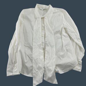 1901 Women's White Button-Up Blouse With Tie Neck S Petite‎ Long Sleeve